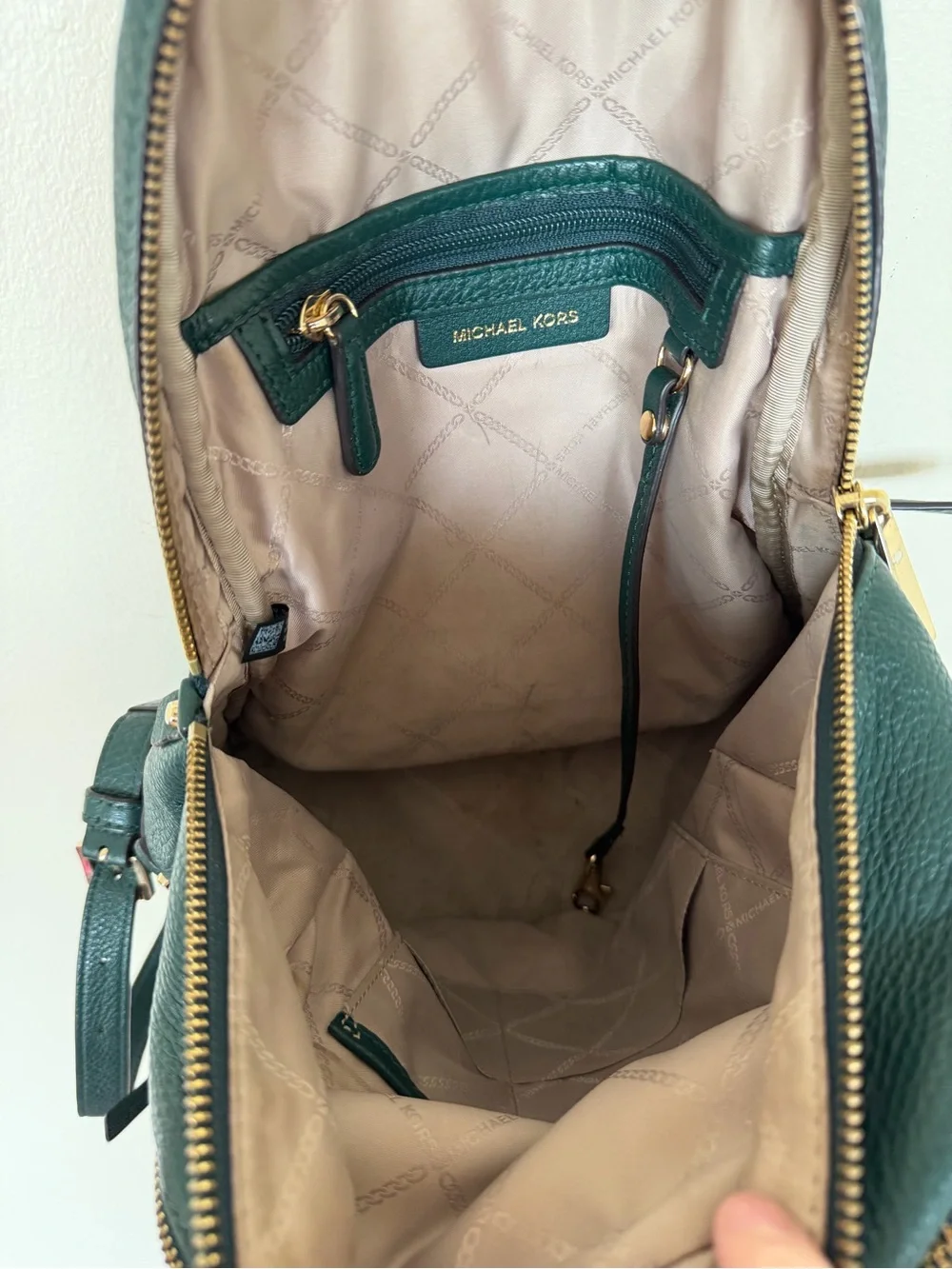 MICHAEL KORS Green Pebbled Leather Backpack Gold Hardware Zipper Inner Pocket